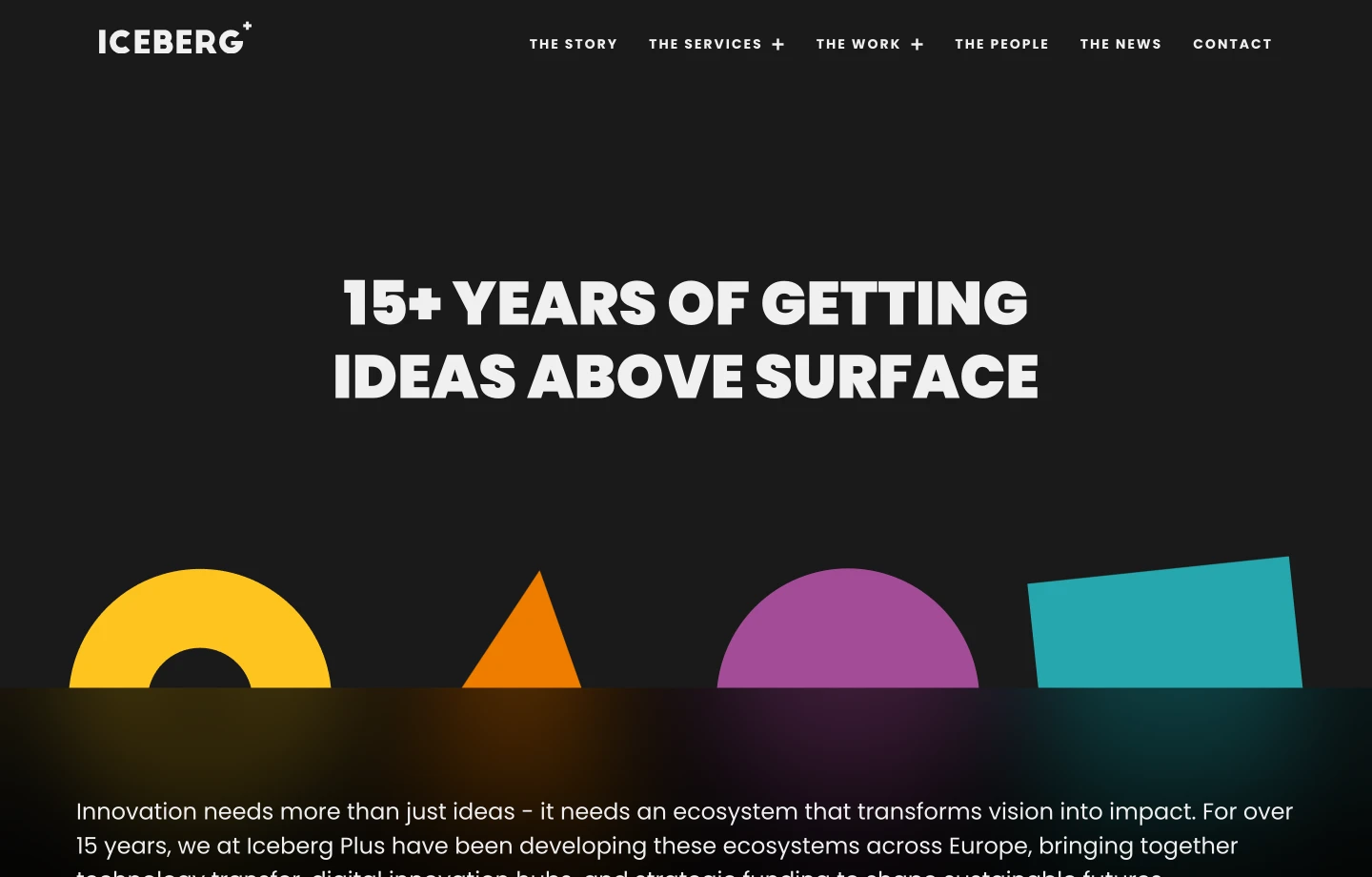 Website header with '15+ years of getting ideas above surface' text and colorful geometric shapes on dark background.