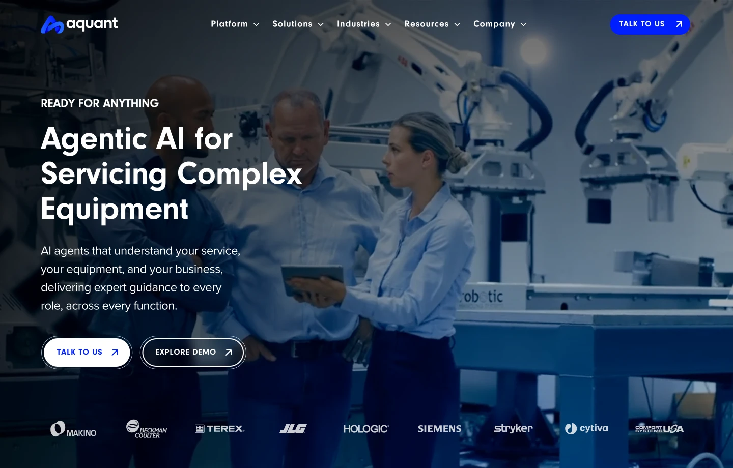 Three professionals in a room with robotic arms in the background, discussing work, with AI service text overlay.