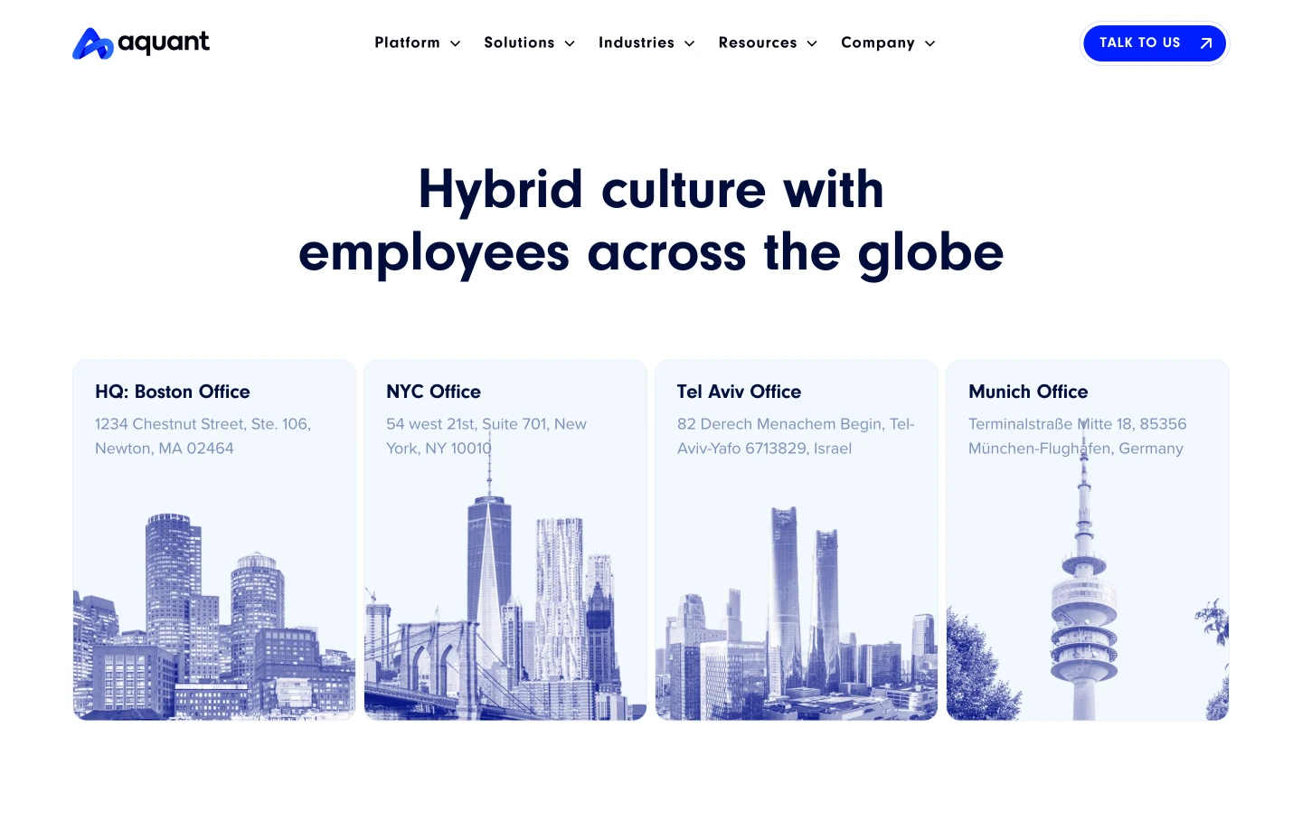 Aquant hybrid work culture with office locations in Boston, New York, Tel Aviv, and Munich with city skylines.