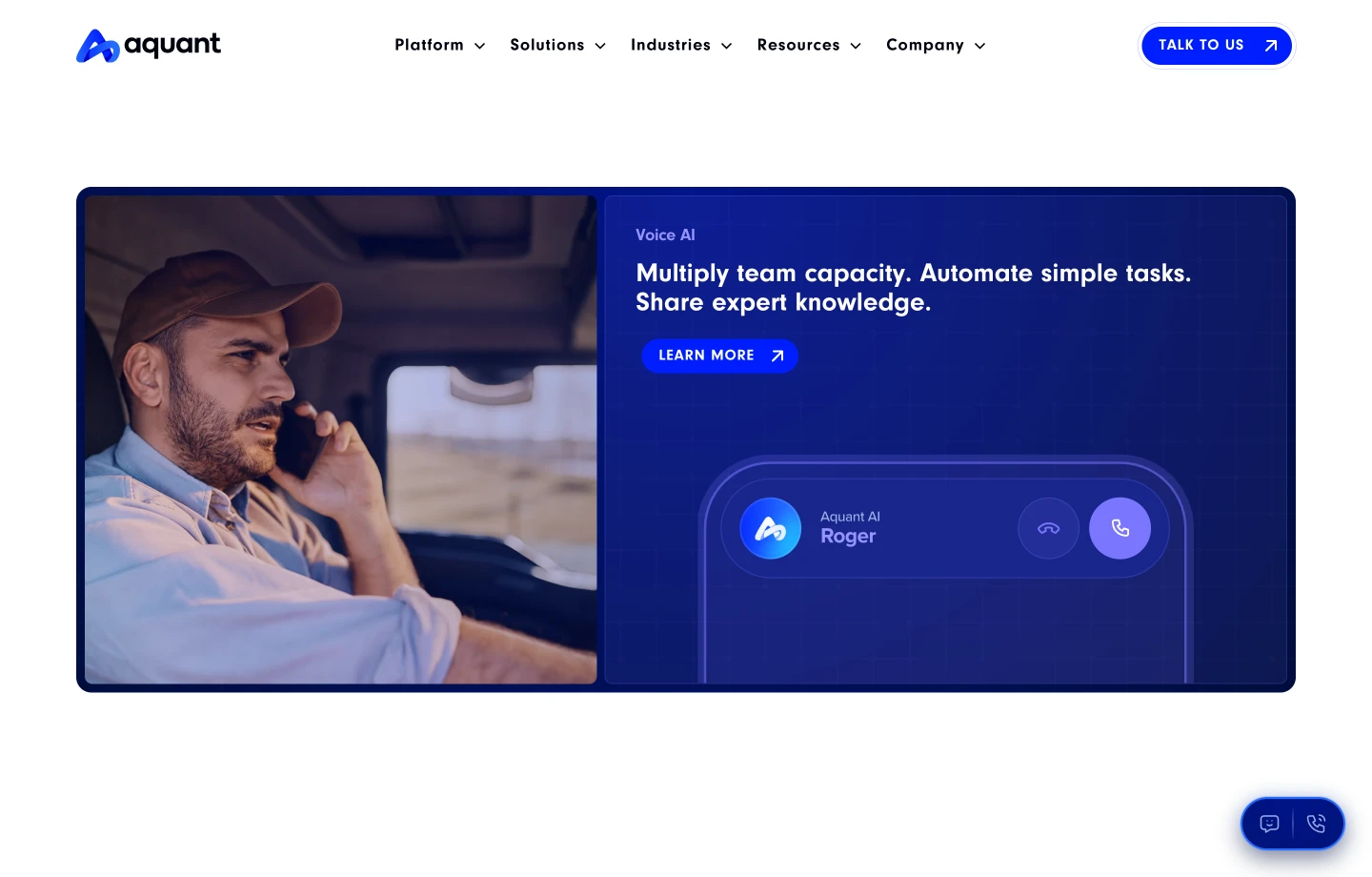Man in a cap inside a vehicle talking on a phone with Aquant AI interface showing a call with Roger.