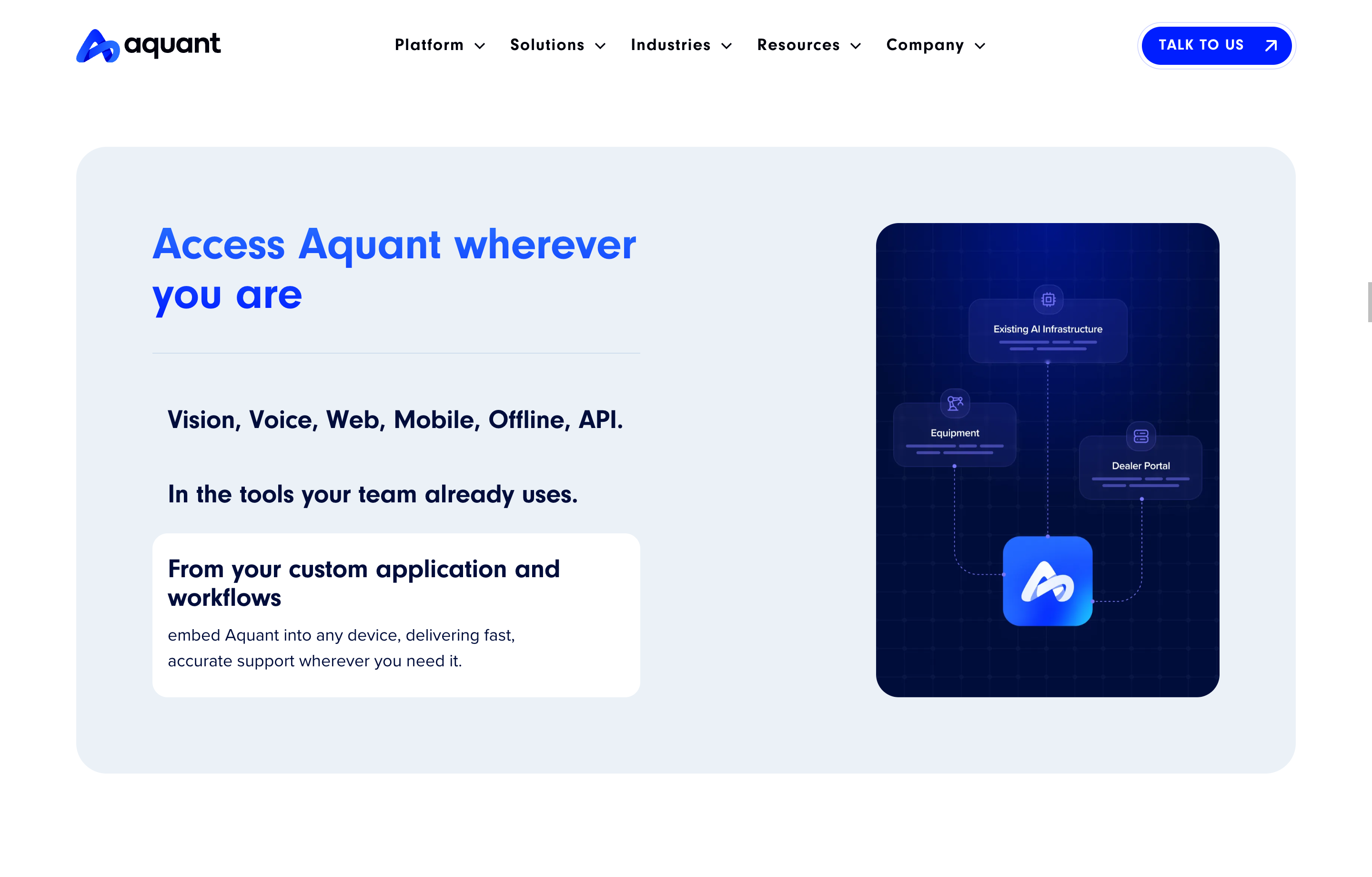 Aquant integration flow showing connections to AI infrastructure, equipment, and dealer portal for custom workflows.