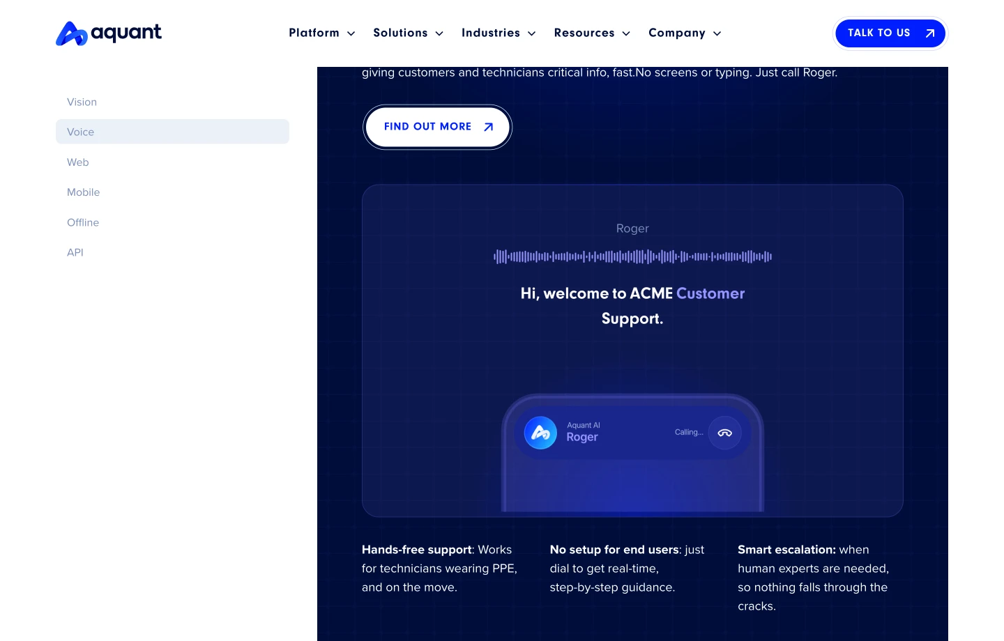 Aquant platform page showing voice support with hands-free tech help and smart escalation features.