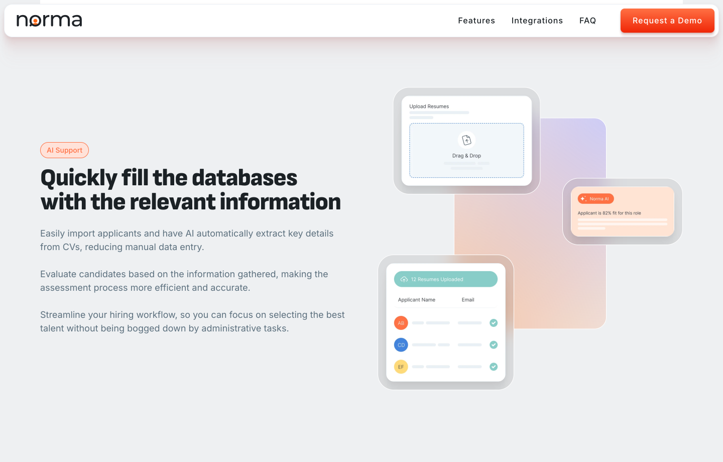 Norma homepage with AI hiring tool showing resume upload, candidate list, and fit percentage for roles.