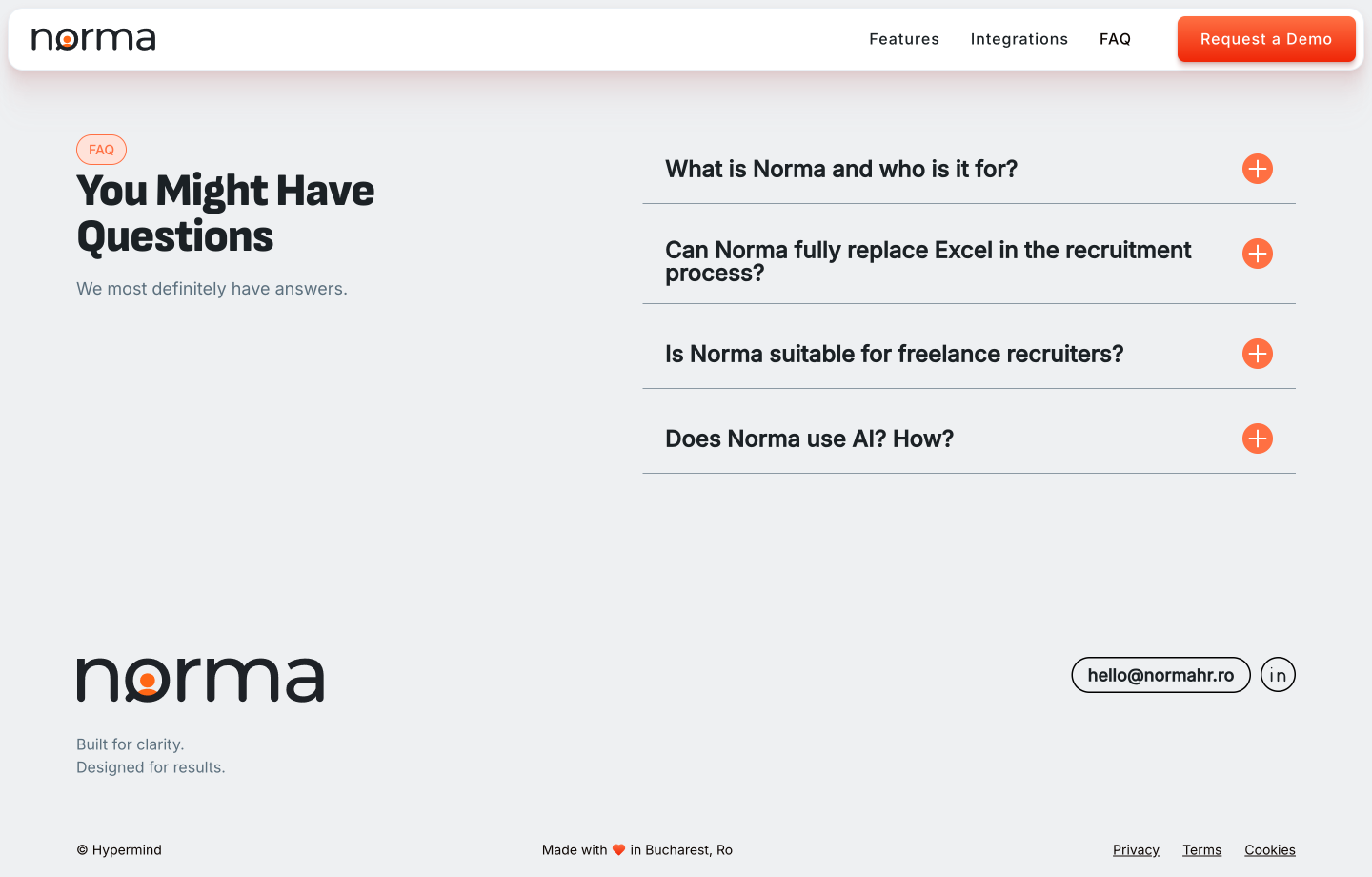 Norma FAQ page with questions on recruitment, freelance recruiters, AI use, and contact info in footer.