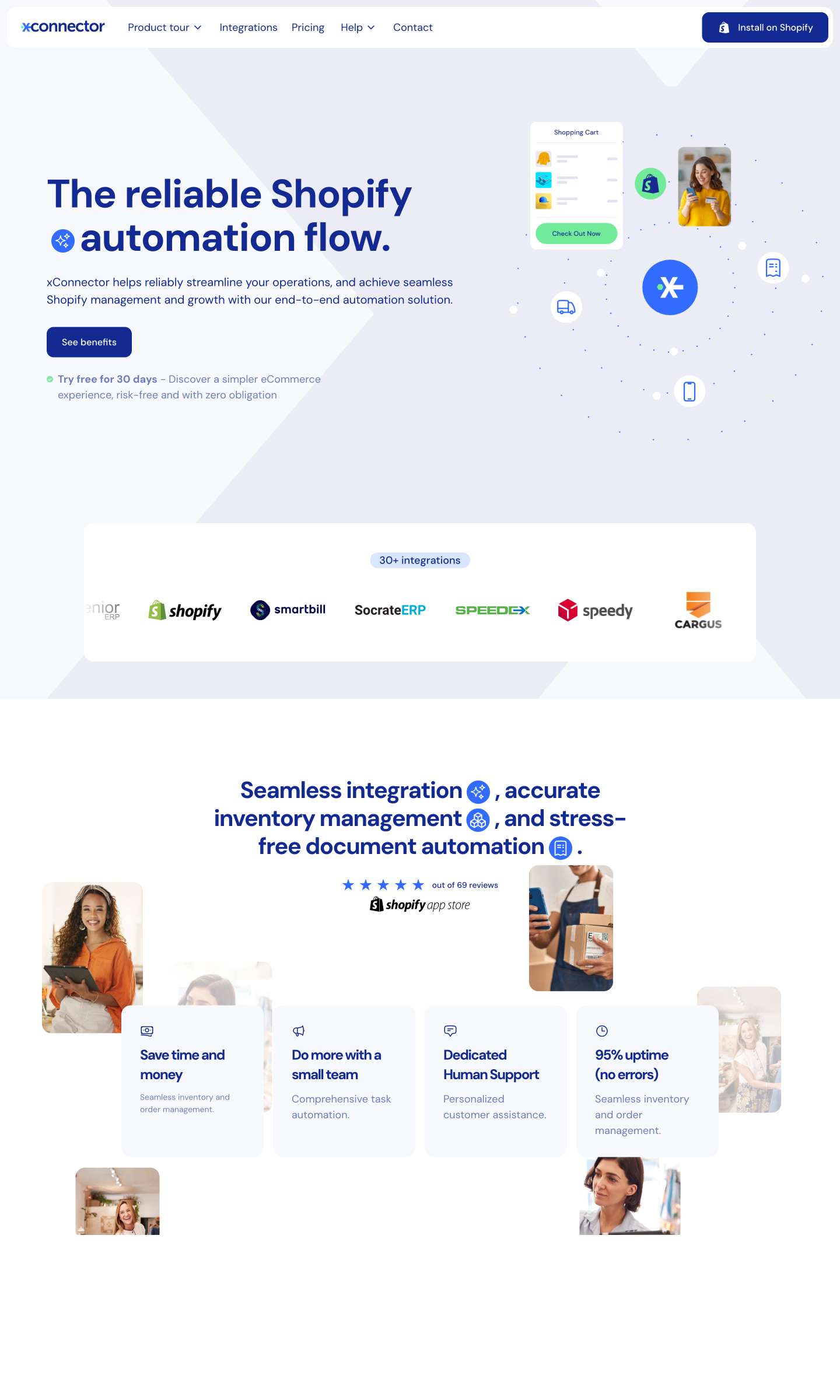 xConnector homepage showing Shopify automation, integrations logos, features like time saving and human support.