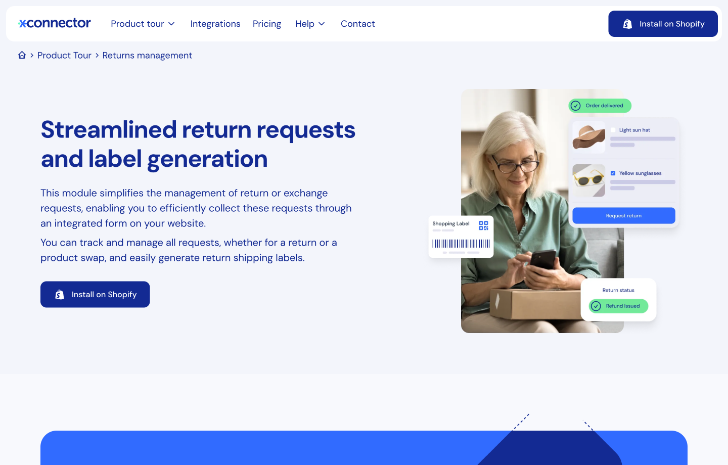 Older woman using phone with return status, product list, and shopping label overlays visible.