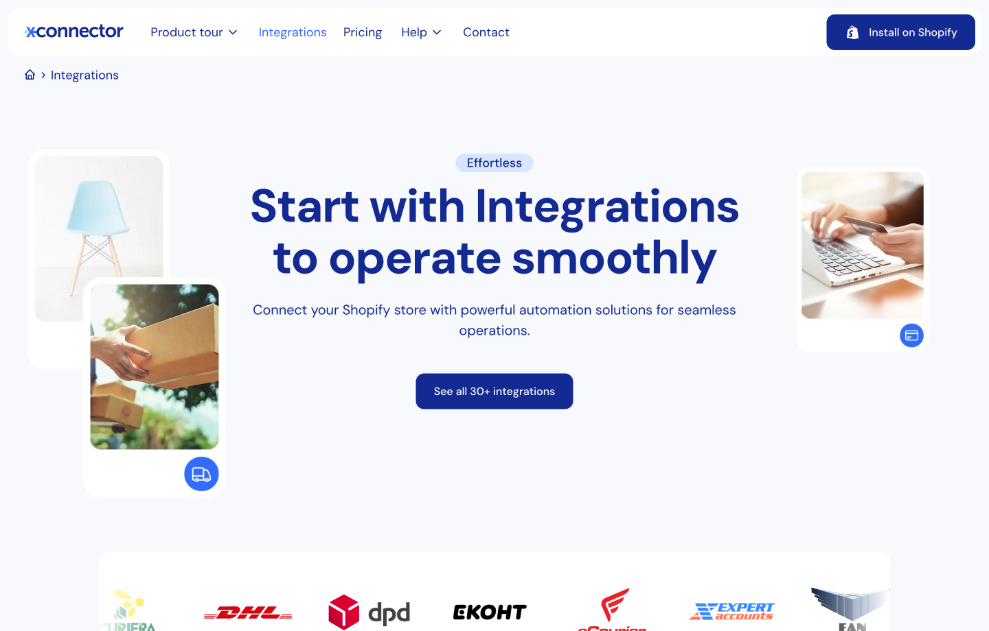 Xconnector site page showing Start with Integrations to operate smoothly with Shopify automation solutions.