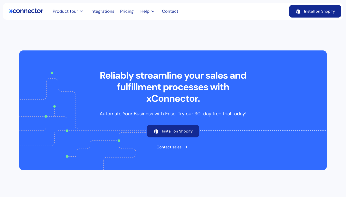 xConnector webpage header offering a 30-day free trial and Shopify install button on blue background.