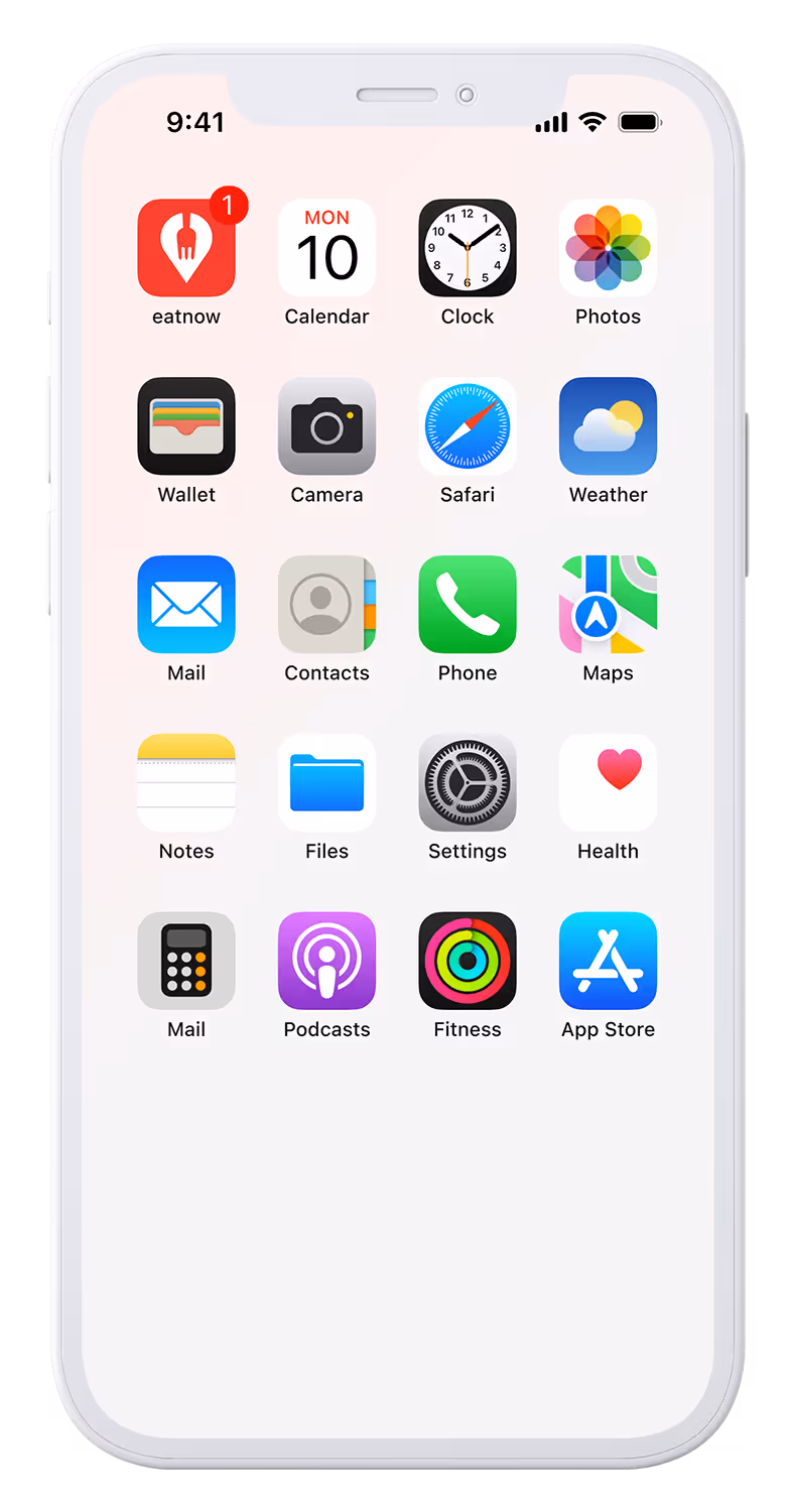 Close-up of an iPhone home screen showing the top row of apps. The first app, “eatnow,” has a red icon with a white fork inside a location pin and a red notification badge with the number 1. Next are the Calendar, Clock, and Photos apps. The time reads 9:41.