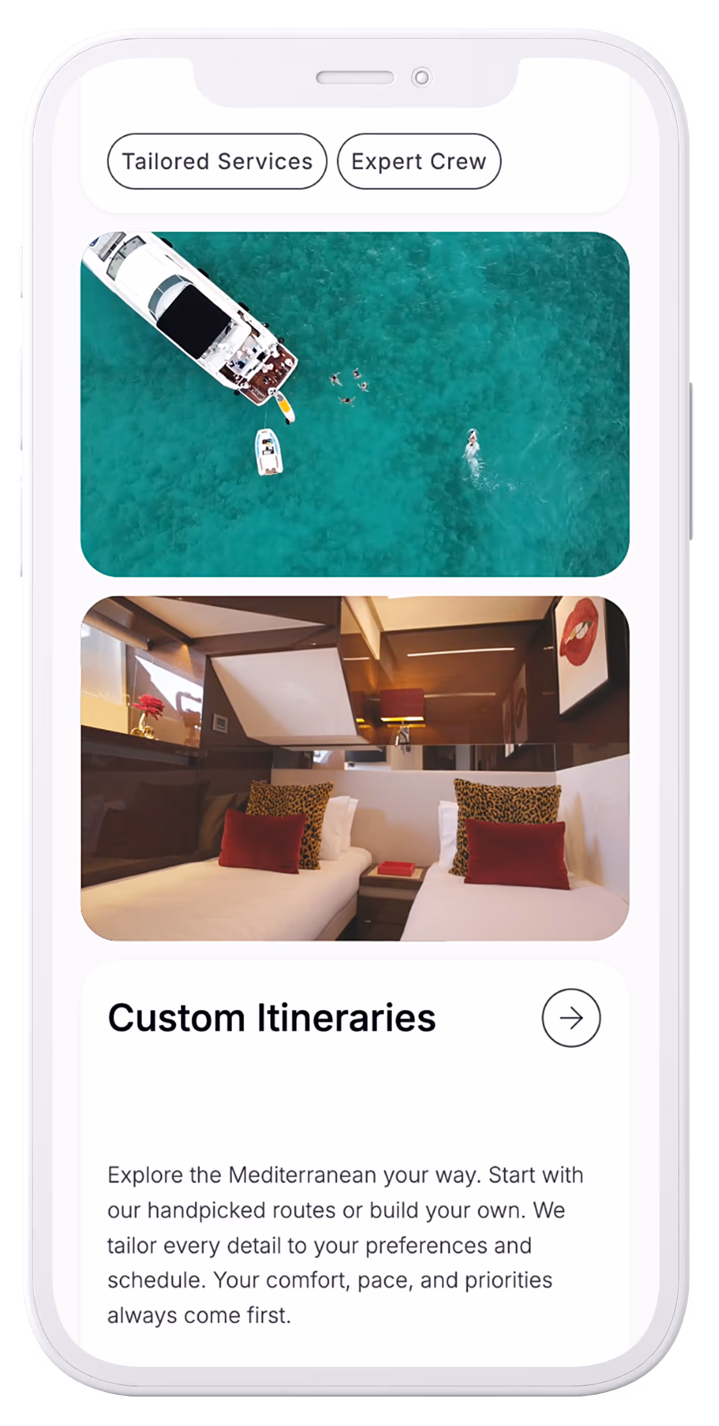 mobile mockup view of yacht charter homepage with aerial yacht photography and custom itinerary options in a clean, modern layout.