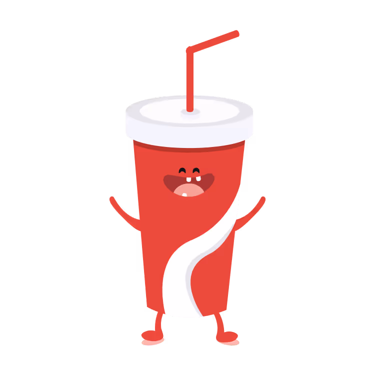 A cheerful eatnow brand mascot representing a soft drink with arms and legs, smiling and dancing.