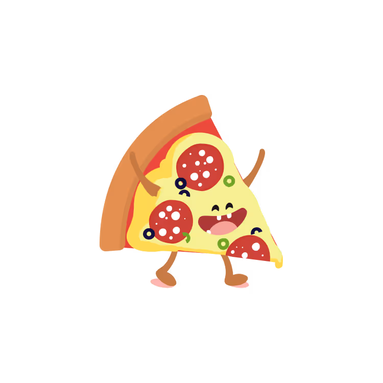 A cheerful eatnow brand mascot representing a slice of pepperoni pizza with arms and legs, smiling and dancing.