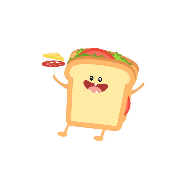 A cheerful eatnow brand mascot representing a sandwich with arms and legs, smiling and jumping.