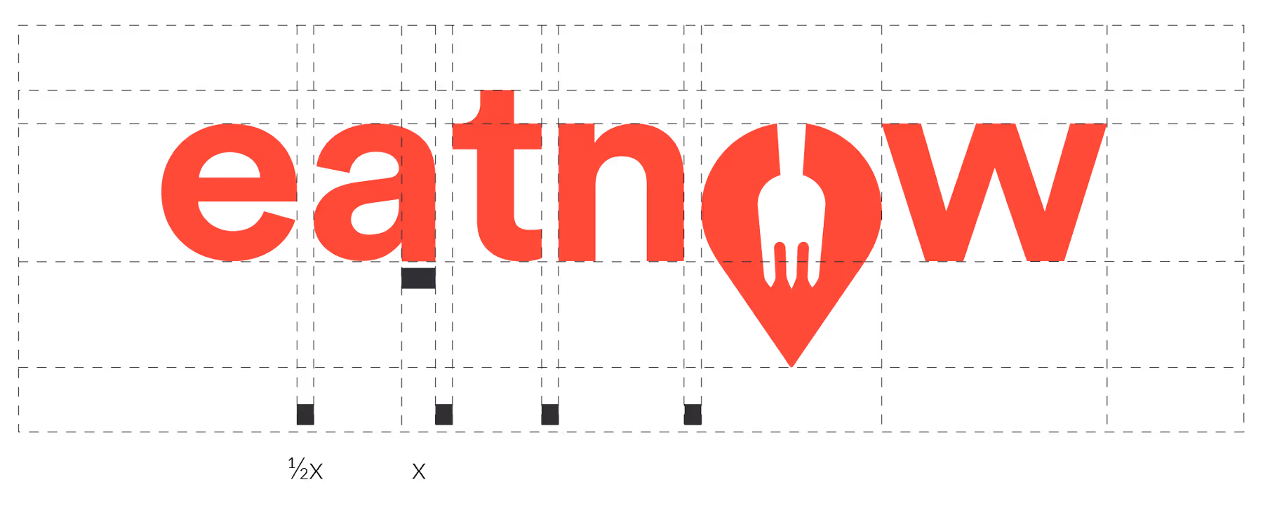 eatnow logo in red, featuring bold lowercase typography and a map pin with a fork integrated into the letter ‘o,’ displayed on a proportional grid with spacing and measurement guidelines.