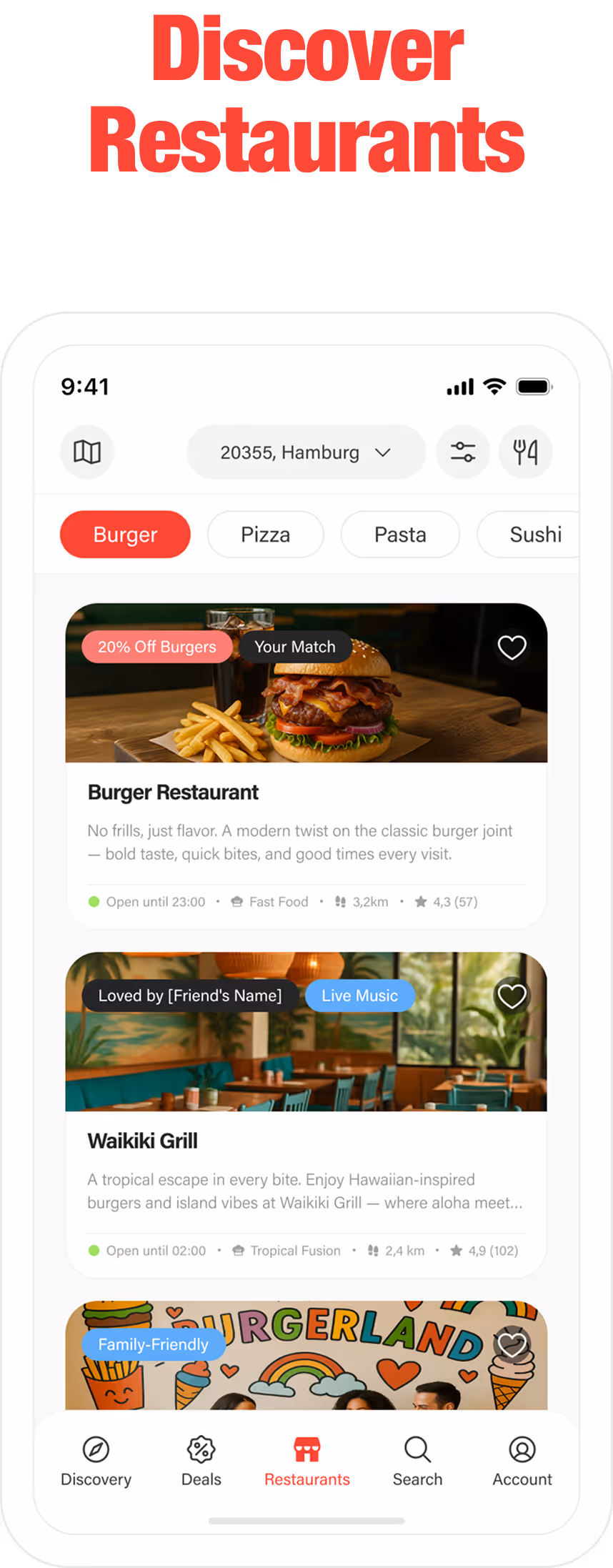 A mobile screen mockup displaying the eatnow app’s “Discover Restaurants” section with burger, pasta, and sushi filters and restaurant listings featuring photos, ratings, and details.