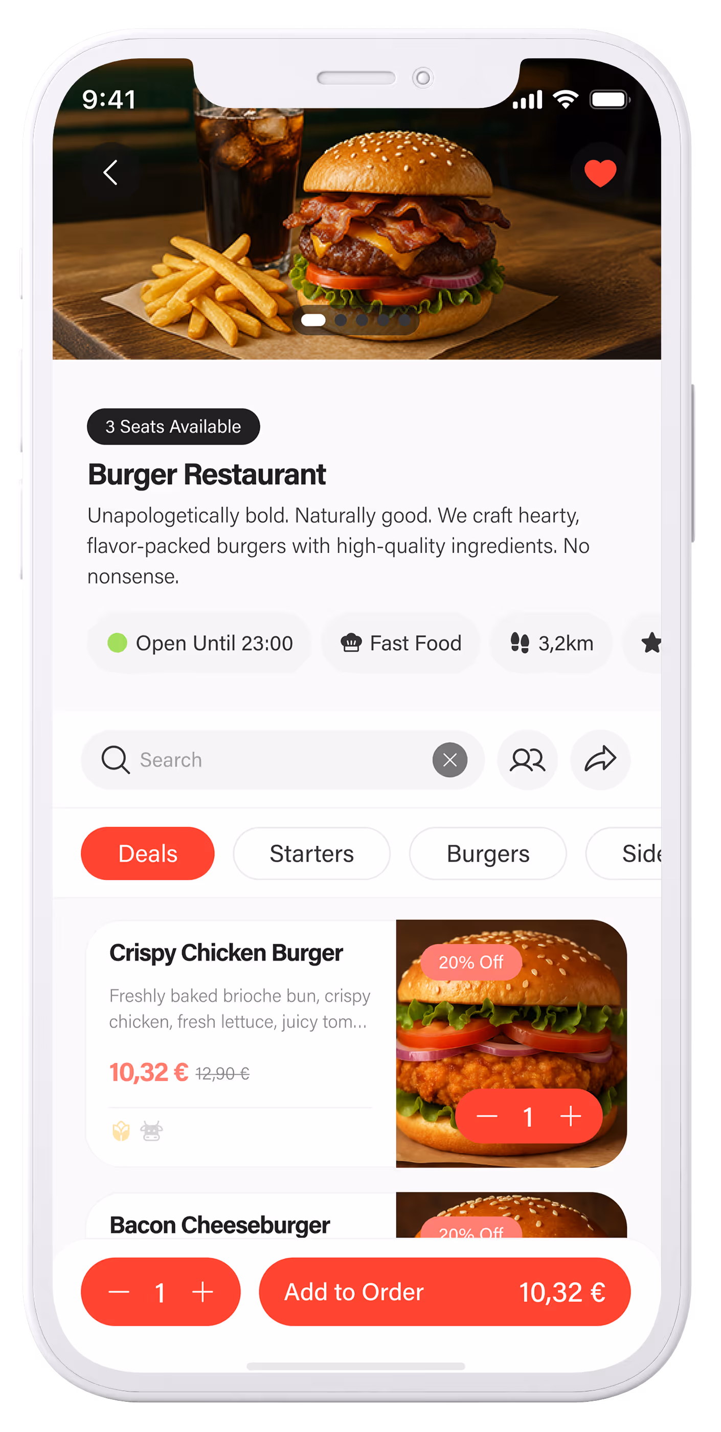eatnow order screen of a restaurant called "Burger Restaurant".