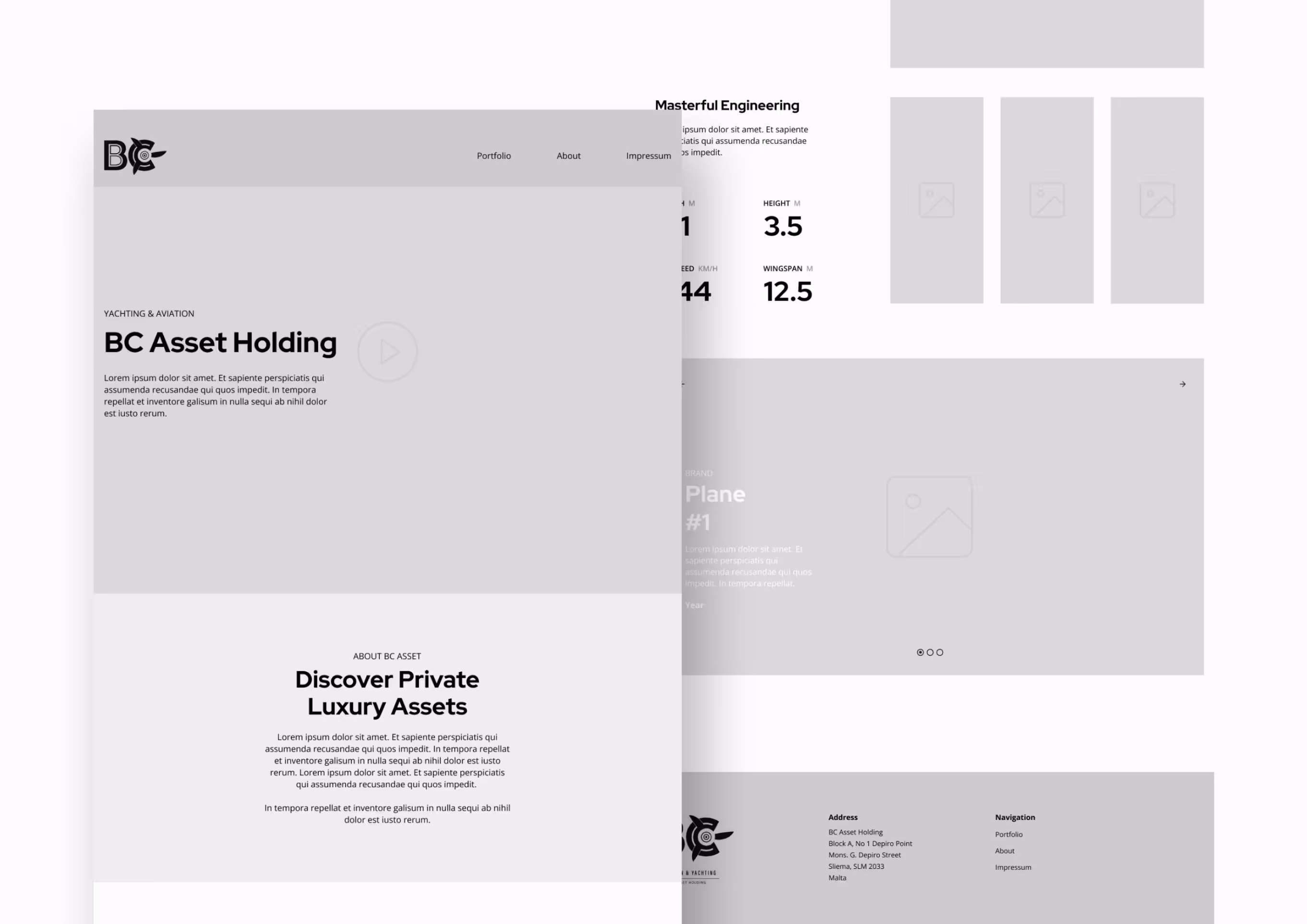 BC Asset Aviation & Yachting wireframes of the landing page.