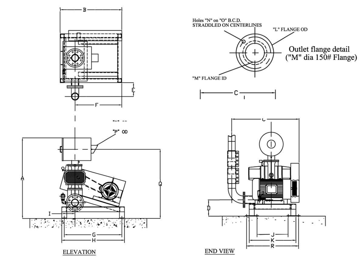Blower Engineering blower package dimensional drawing showing dimensions A through R