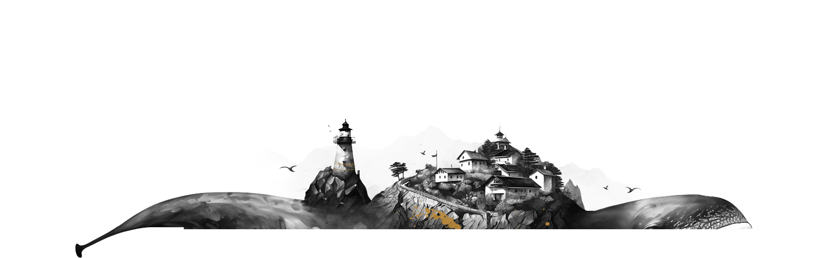 A surrealistic illustration of a whale floating through the air on balloons, with a city and a lighthouse on its back.
