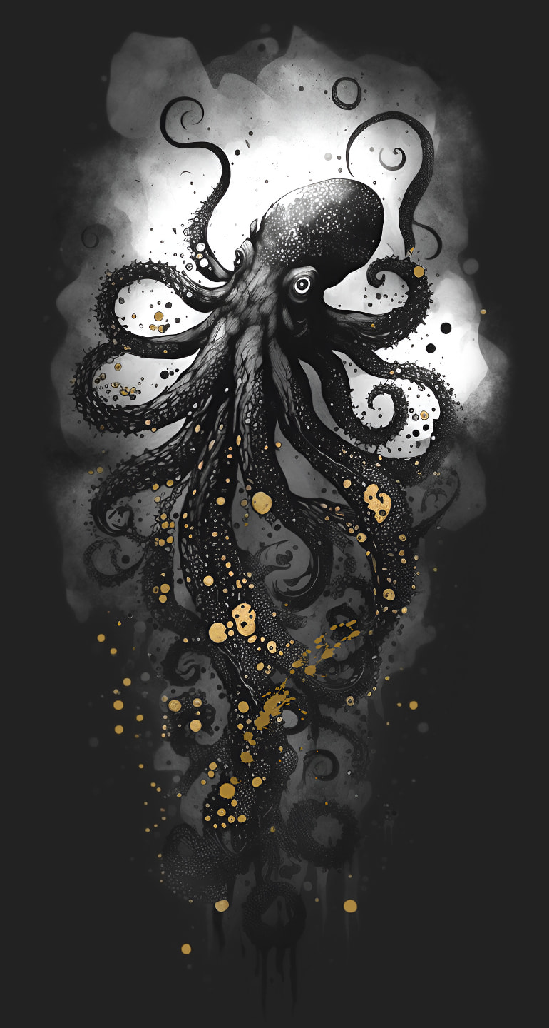 An illustration of an octopus in gold black and white, with splashes of paint.