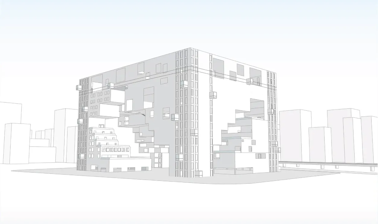 A 3D model depicting a building in an illustrated style from the perspective of a person on the street looking up towards the building