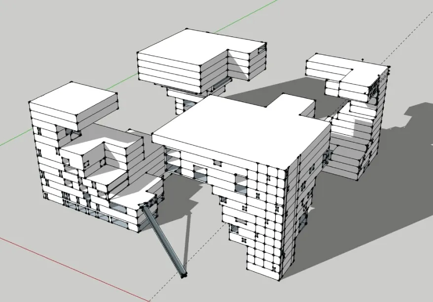 An aerial view of a 3D model in an illustrated style, featuring building quartered