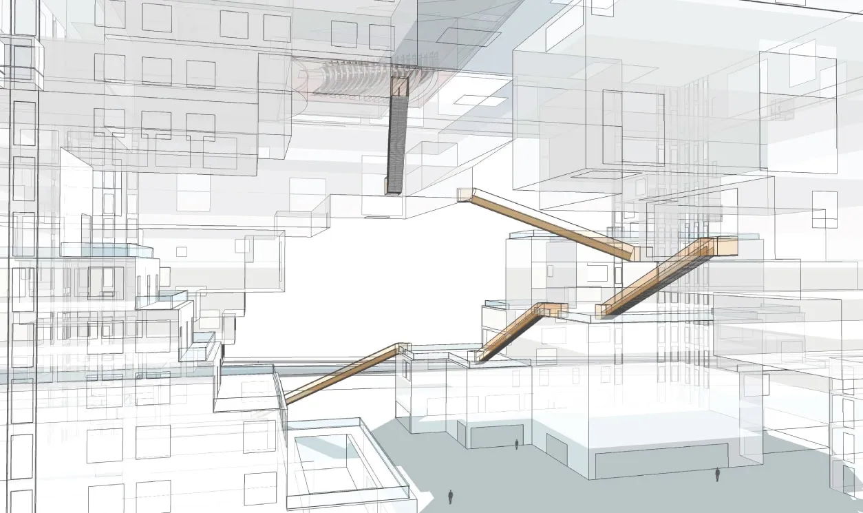 The rendering of a 3D modelled building in an x-ray style, peering into the courtyard from the outside