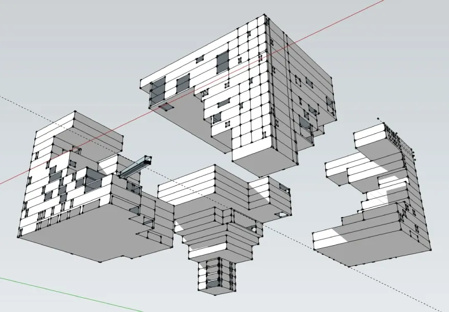 Looking up from the bottom of a 3D model in an illustrated style, featuring building quartered