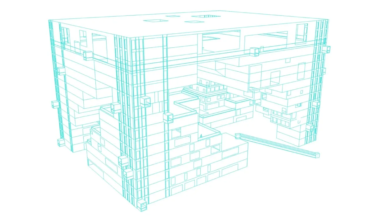 A rendering of a 3D modelled building in an line-art style