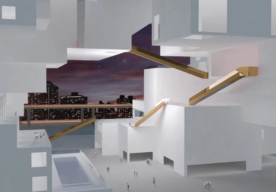 The interior rendering of a 3D modelled building with blockish shapes creating the mass