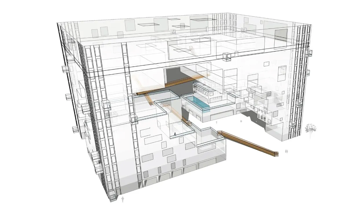 A rendering of a 3D modelled building in an x-ray style
