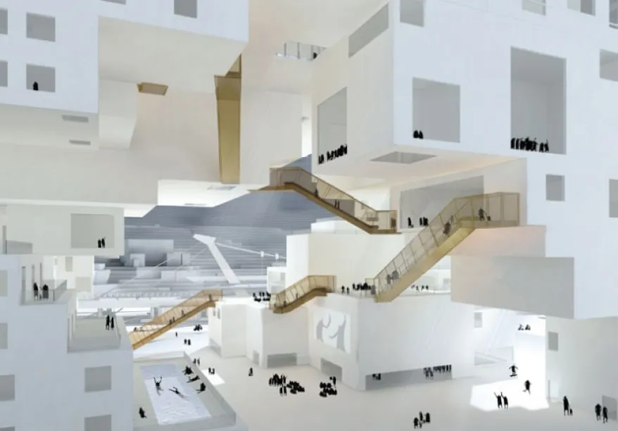 The rendering of a 3D modelled building, peering into the courtyard from the outside