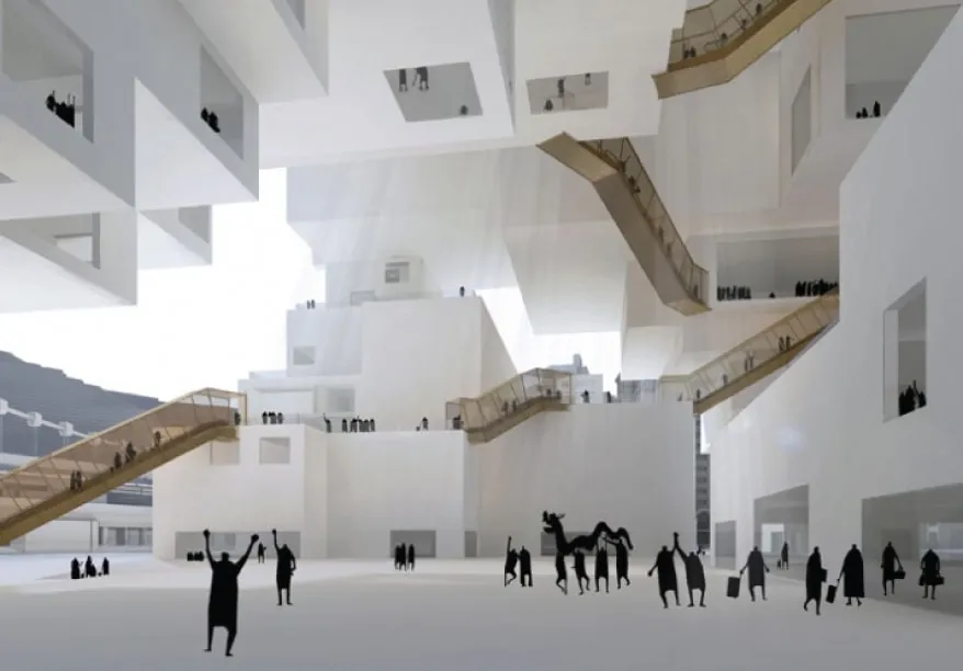 The interior rendering of a 3D modelled building with blockish shapes creating the mass