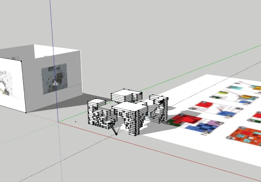 An aerial view of a 3D model in an illustrated style with blueprints in the foreground
