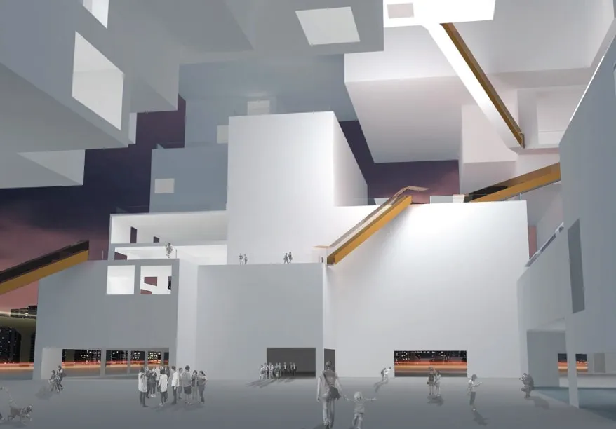 The interior rendering of a 3D modelled building with blockish shapes creating the mass
