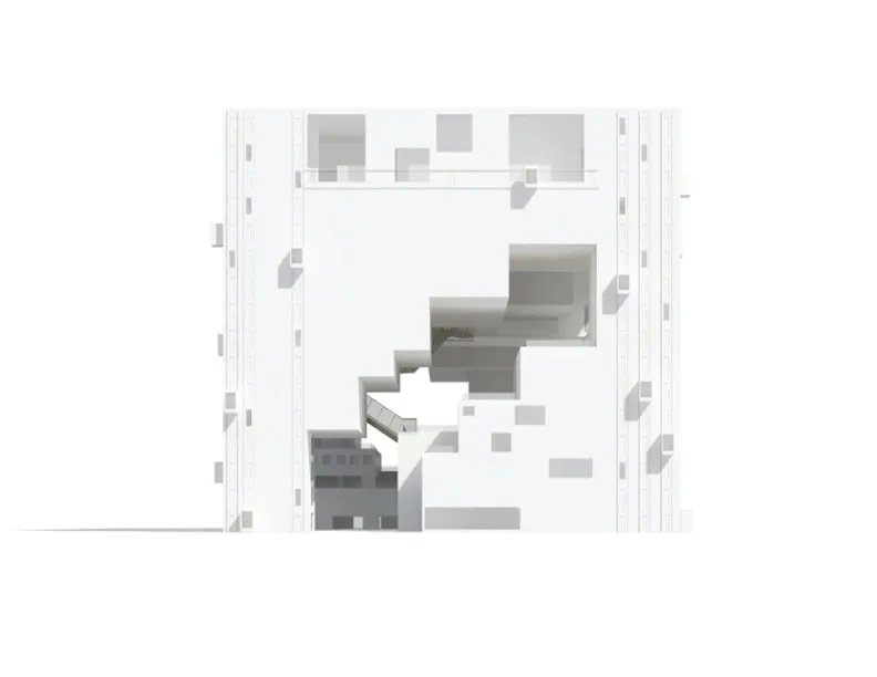 A plain, 3D model of the exterior facade of a rectangular building with an empty void in the middle