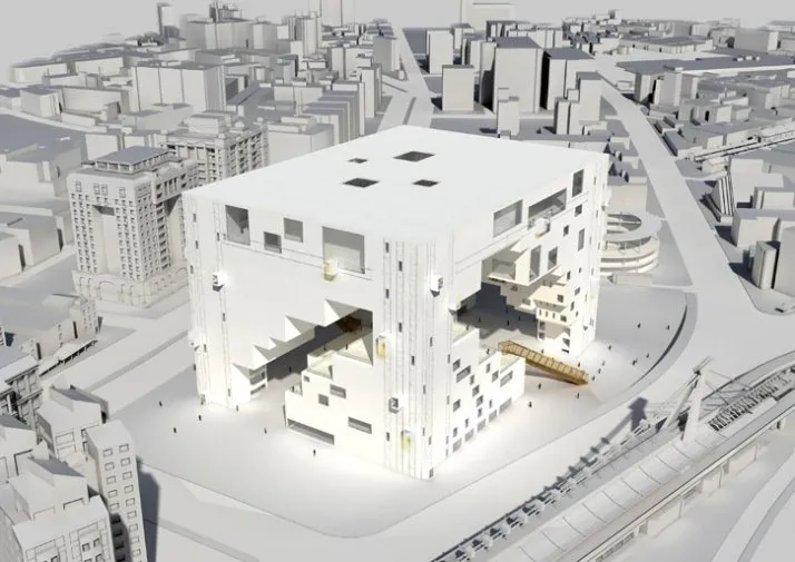 An isometric aerial view of 3D modelled building situated among other buildings within the city