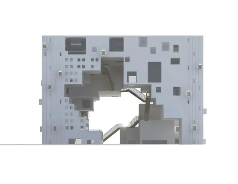 A plain, 3D model of the exterior facade of a rectangular building with an empty void in the middle