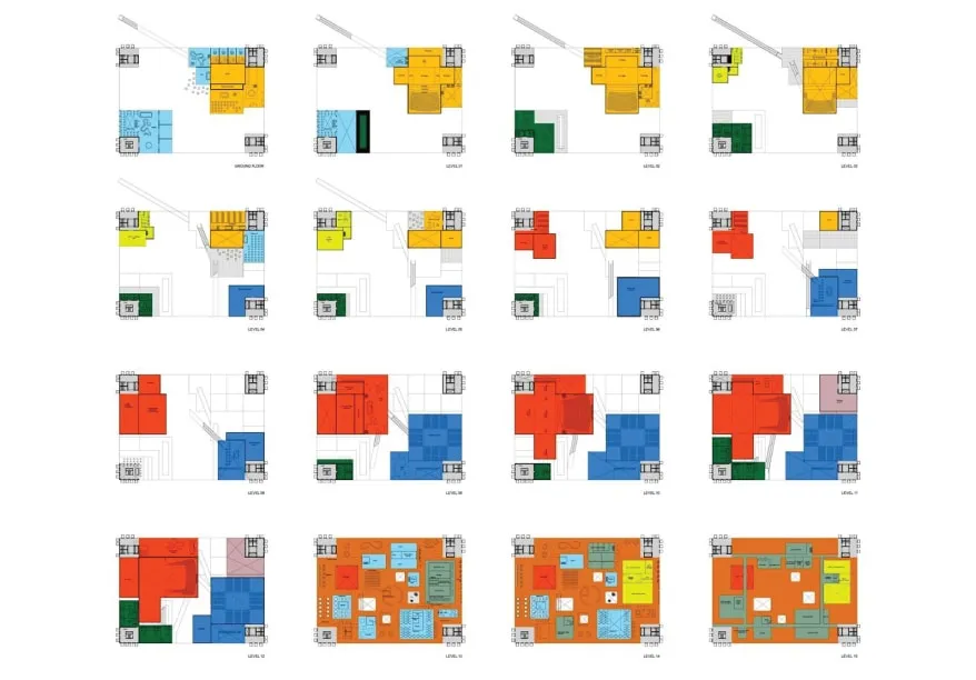A collection of floorplans for different levels of a building organized in a grid