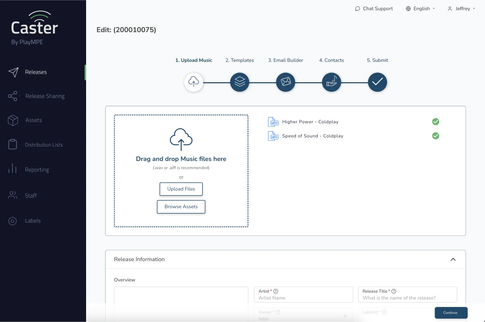 A webpage interface with a sidebar, a guidance stepper, and a drag and drop area