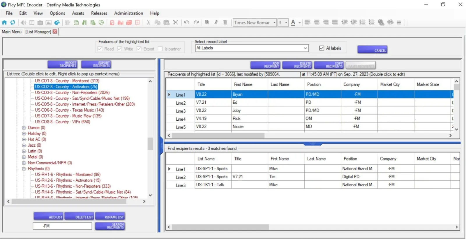 A web application displaying various tables and lists