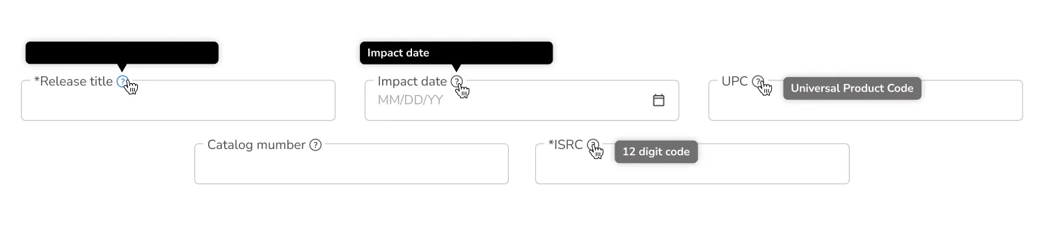 A series of text fields with their tooltip hovers on display