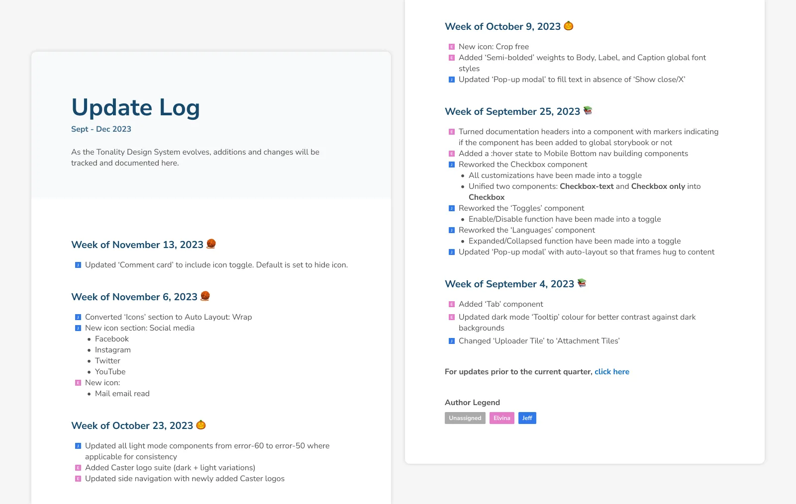 A designed document with bullet points recreating an update log