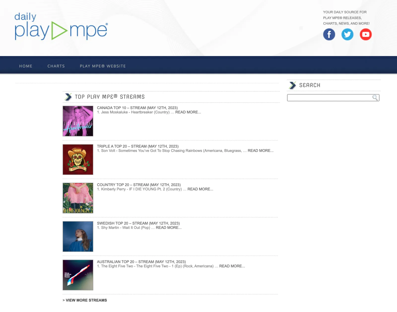 A webpage featuring different artists, songs and their album covers in a charting fashion