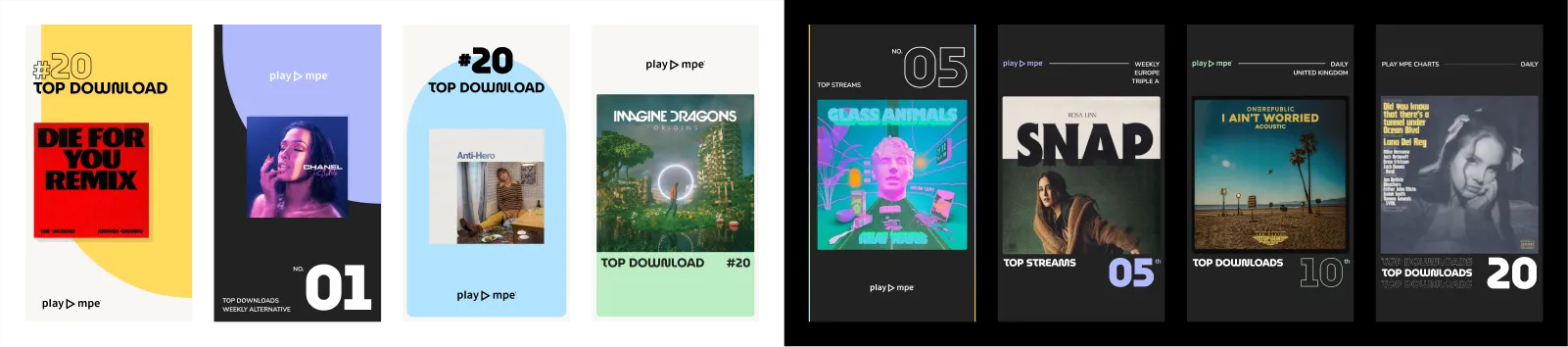 A series of card designs showcasing an artist and their album cover