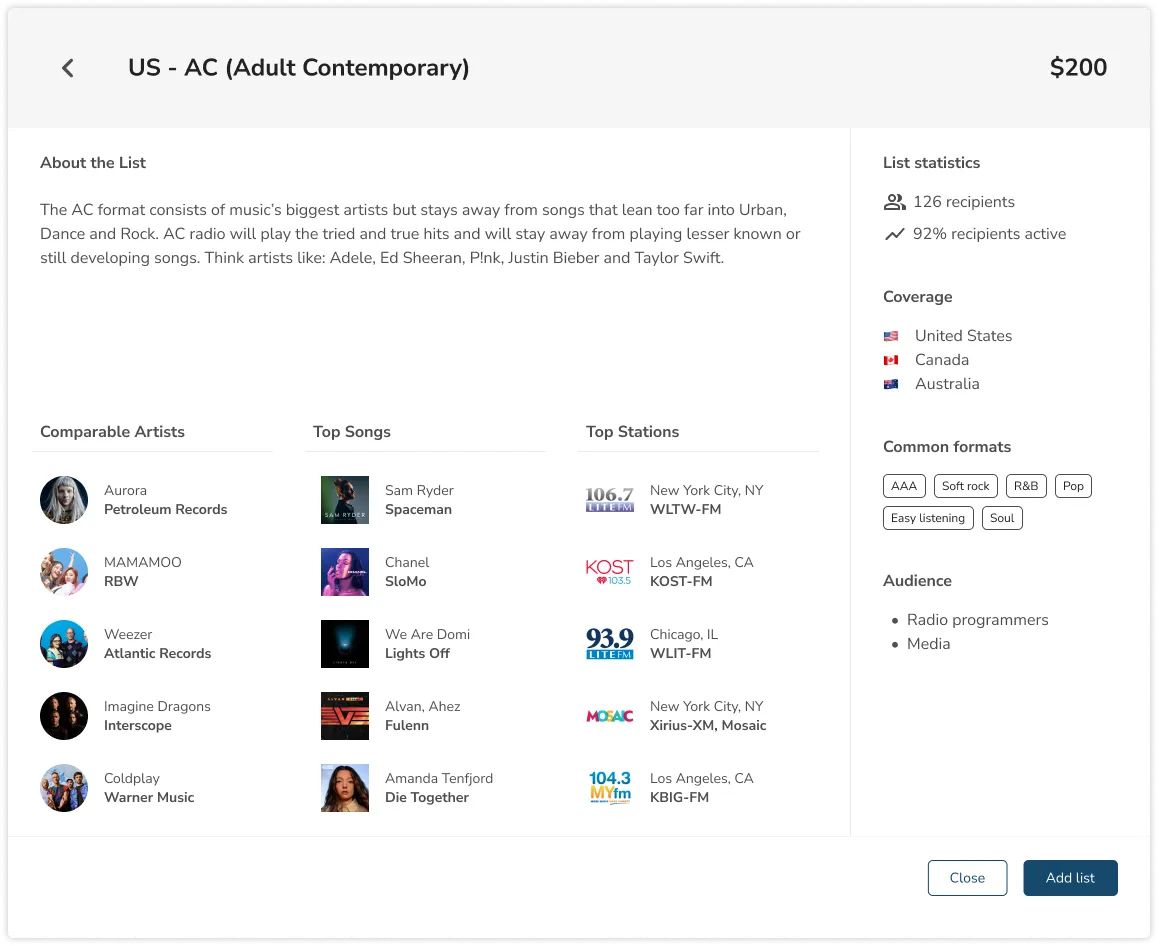 A web interface featuring a table of artist and music information