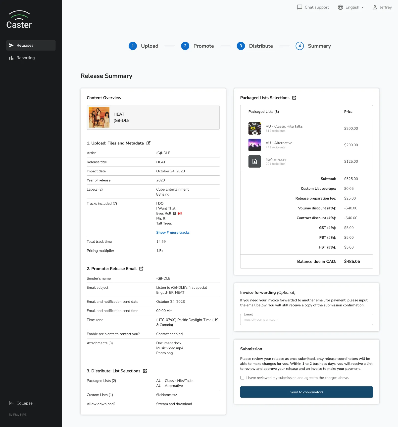 A web interface with a collection of cards that rehash information input by a user
