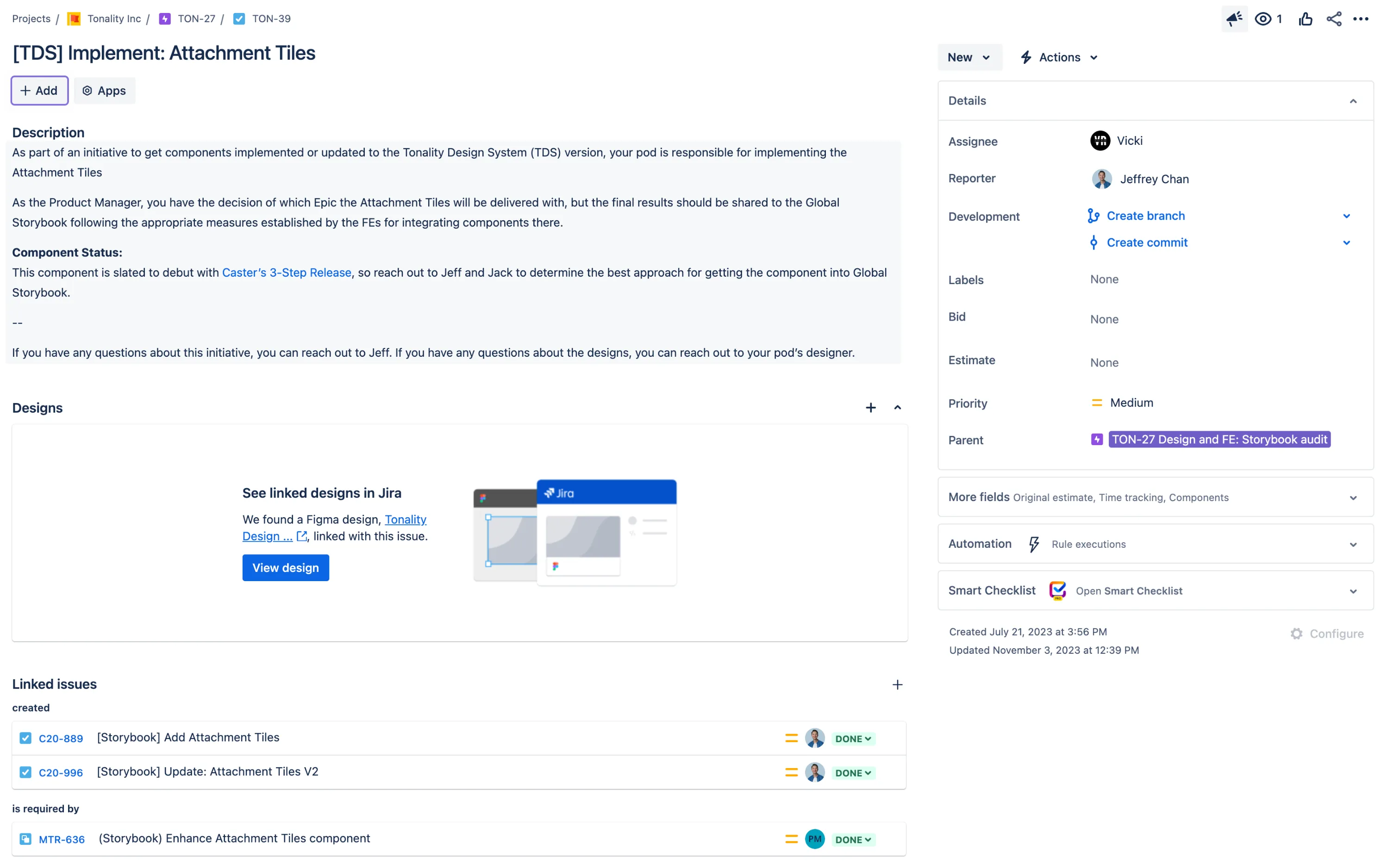 A digital ticket describing in written detail the implementation plan for a new component.