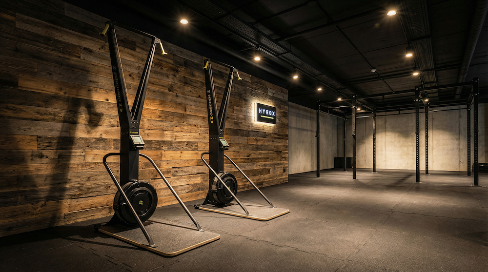 Two Concept2 SkiErg machines against a wooden wall inside a spacious, dimly lit gym with rubber flooring and pull-up rigs.