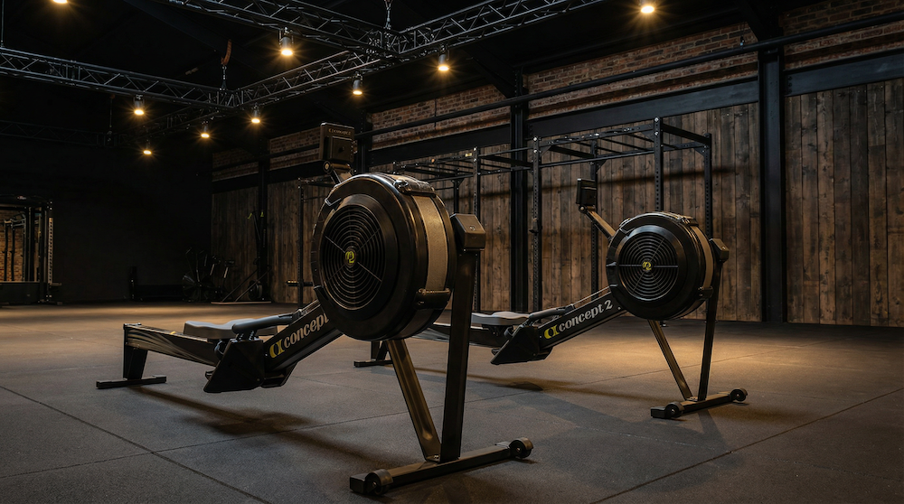 Two black Concept2 rowing machines in a dimly lit gym with wooden walls and industrial lighting.